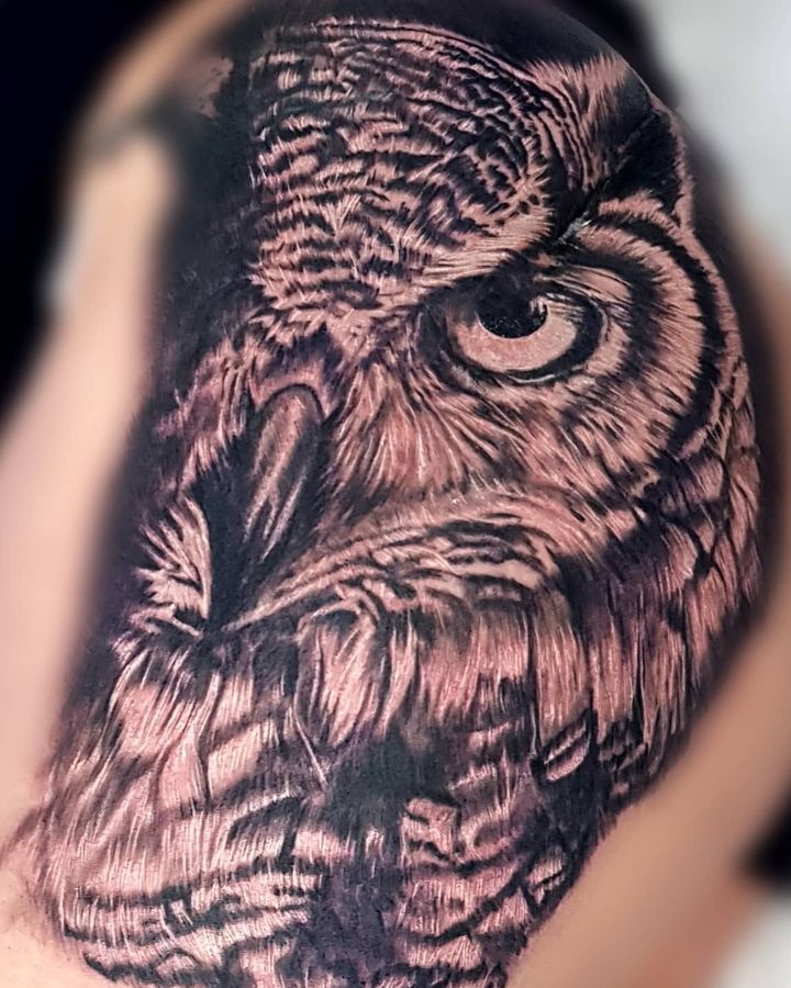 Tatuaje realista de un búho en negro y gris